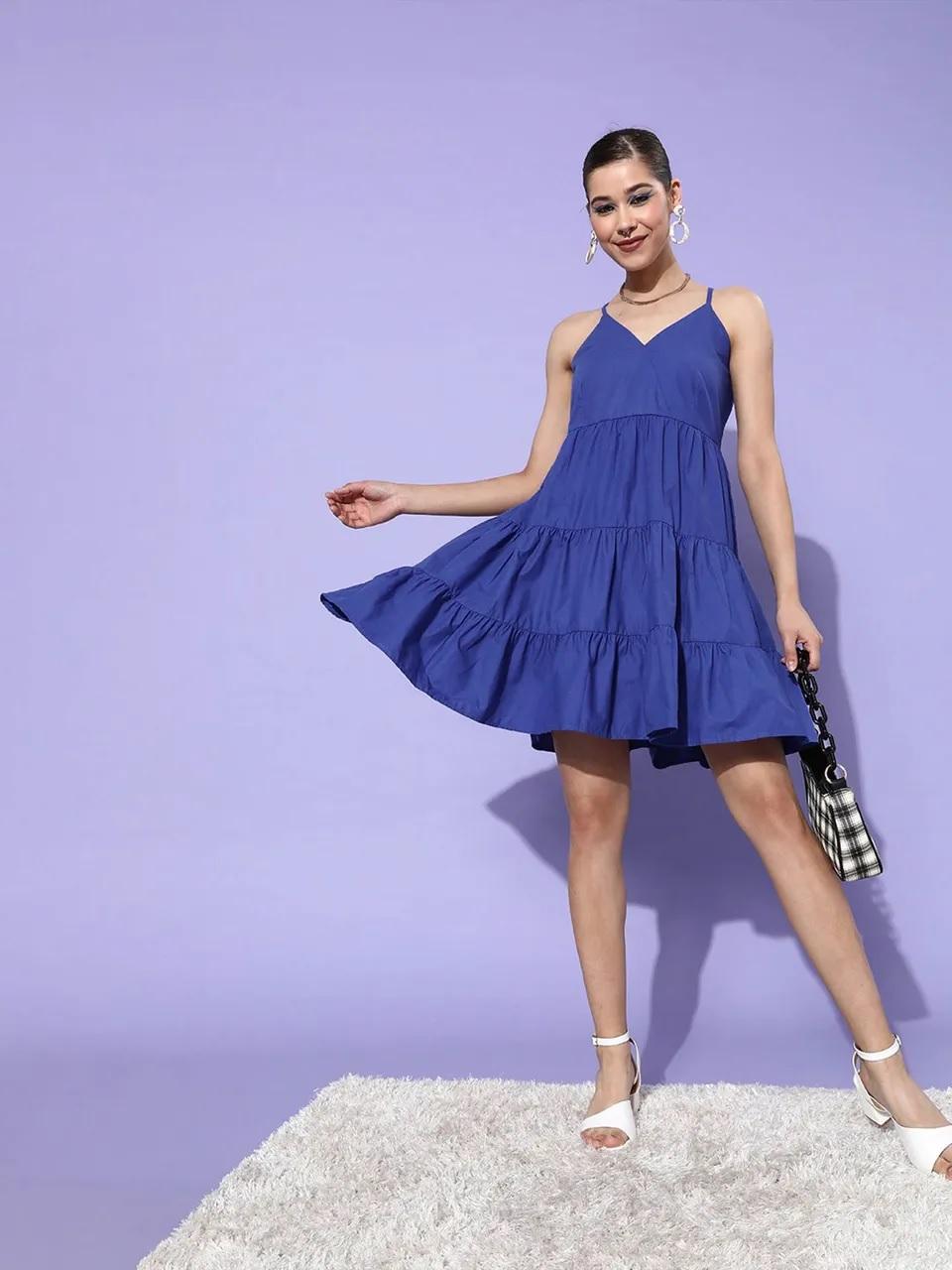 Style Quotient Women Blue Solid Pure Cotton A-Line Tiered Dress