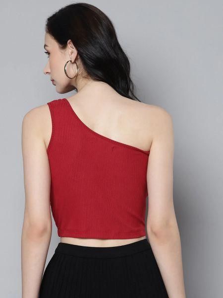 Rigo Women Red One Shoulder Ribbed Crop Top