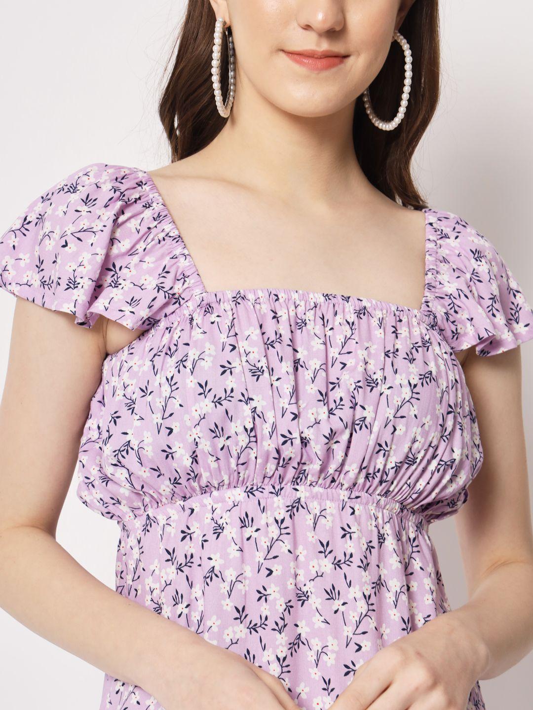 TRENDARREST Women's Lilac Floral Back Tie-up Detail Dress