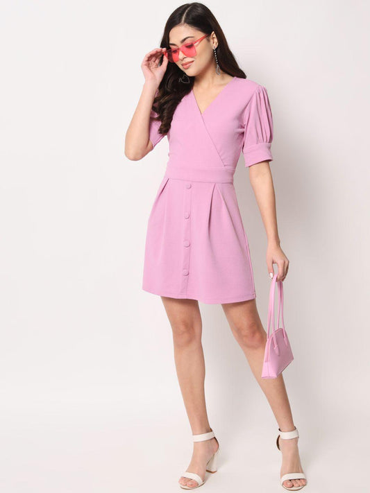 TRENDARREST Women's Polyester Lilac Overlap Short Dress