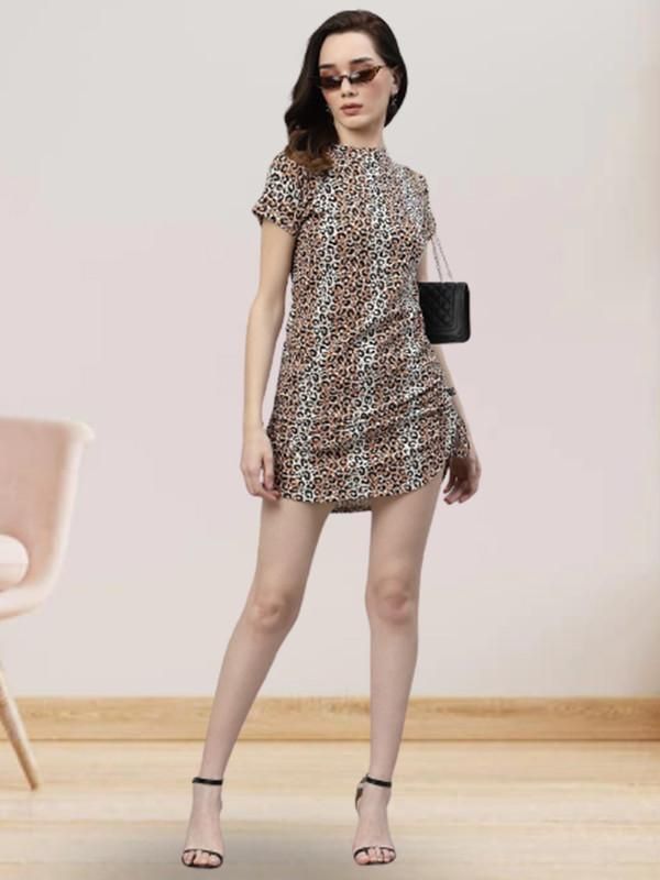 Rigo Women Animal Print Short Sleeve Drawstring Bodycon Dress