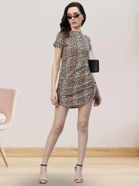 Rigo Women Animal Print Short Sleeve Drawstring Bodycon Dress