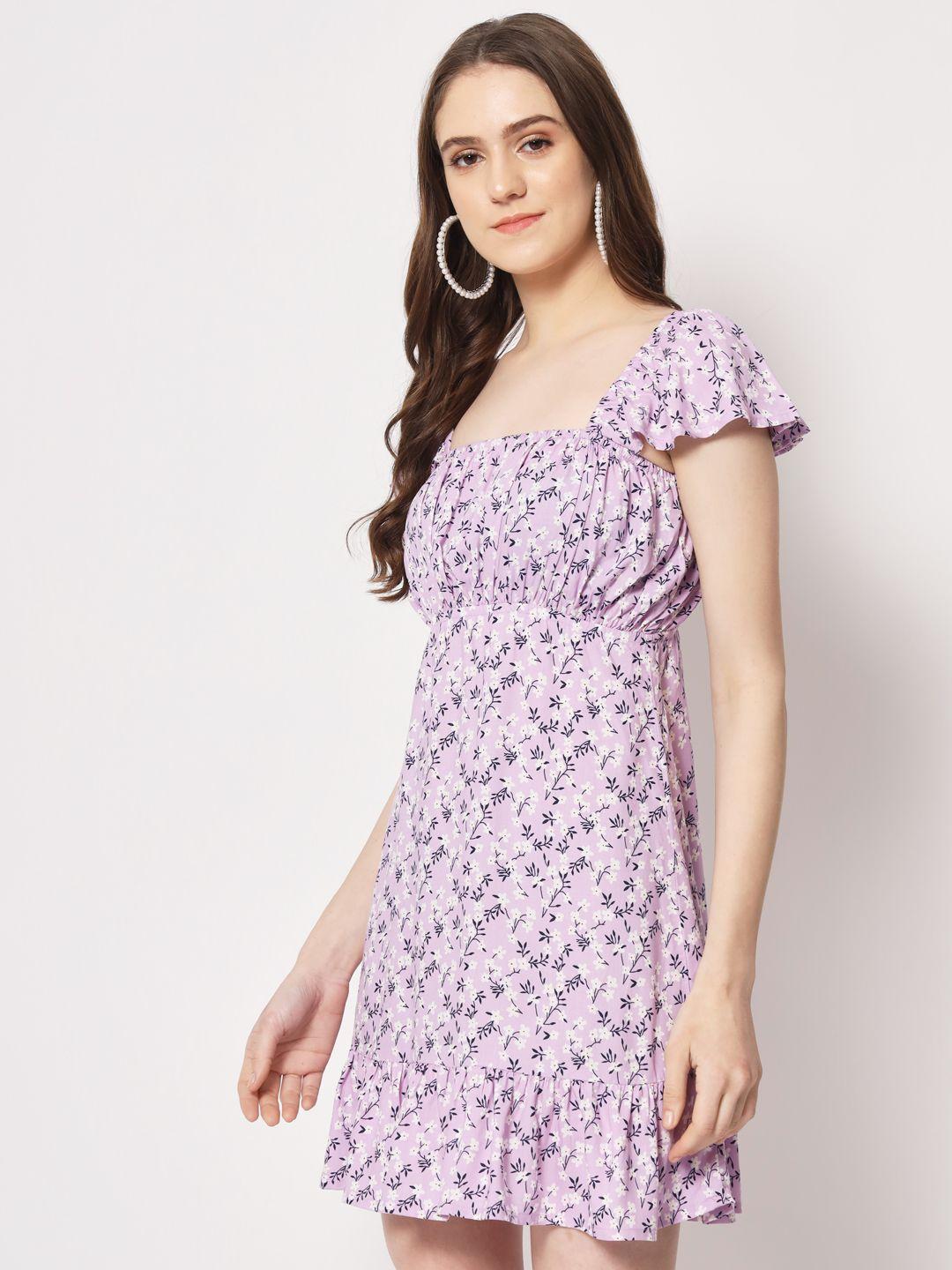 TRENDARREST Women's Lilac Floral Back Tie-up Detail Dress