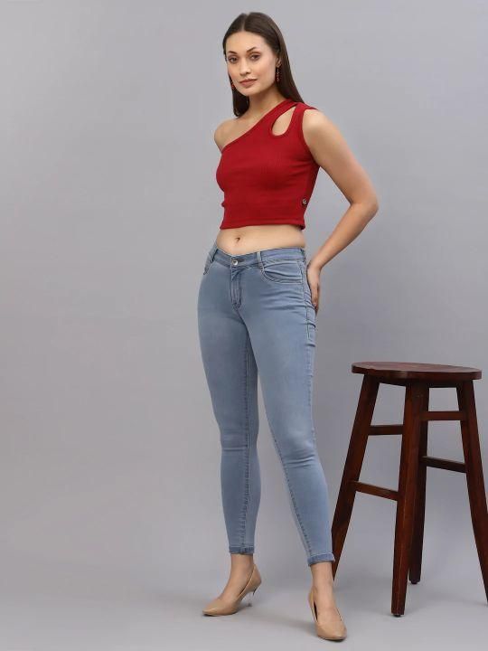 Rigo Women Red One Shoulder Ribbed Crop Top