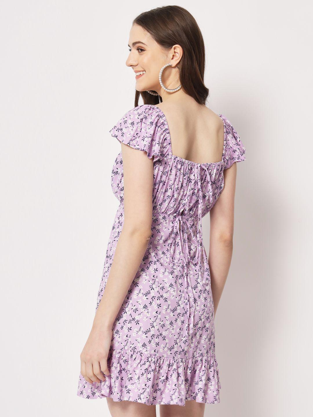 TRENDARREST Women's Lilac Floral Back Tie-up Detail Dress