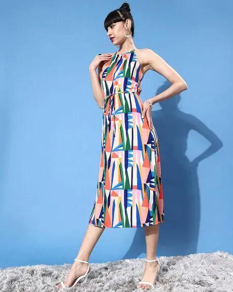 Style Quotient Off White & Blue Halter Neck Crepe Dress