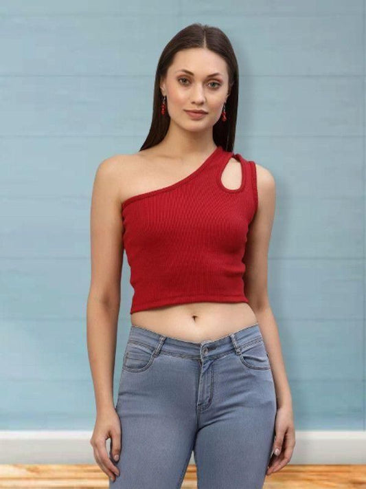 Rigo Women Red One Shoulder Ribbed Crop Top