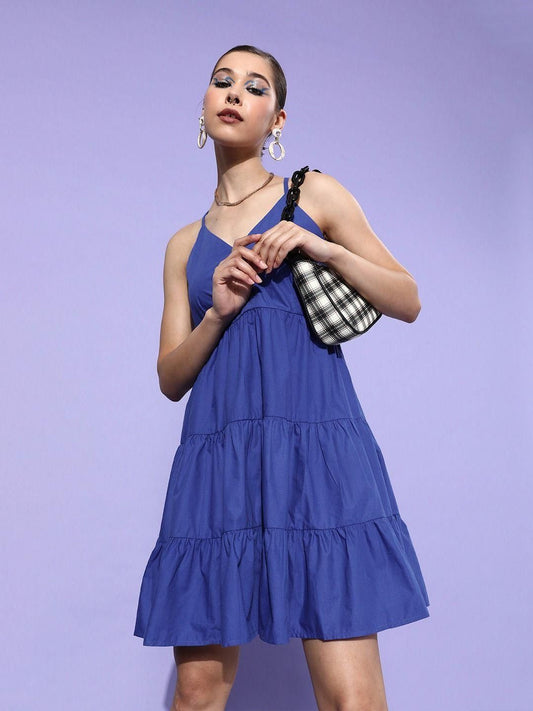 Style Quotient Women Blue Solid Pure Cotton A-Line Tiered Dress