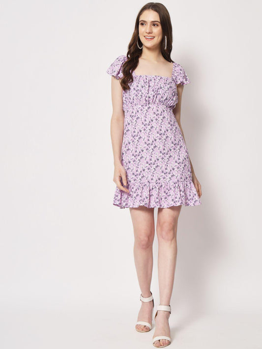 TRENDARREST Women's Lilac Floral Back Tie-up Detail Dress
